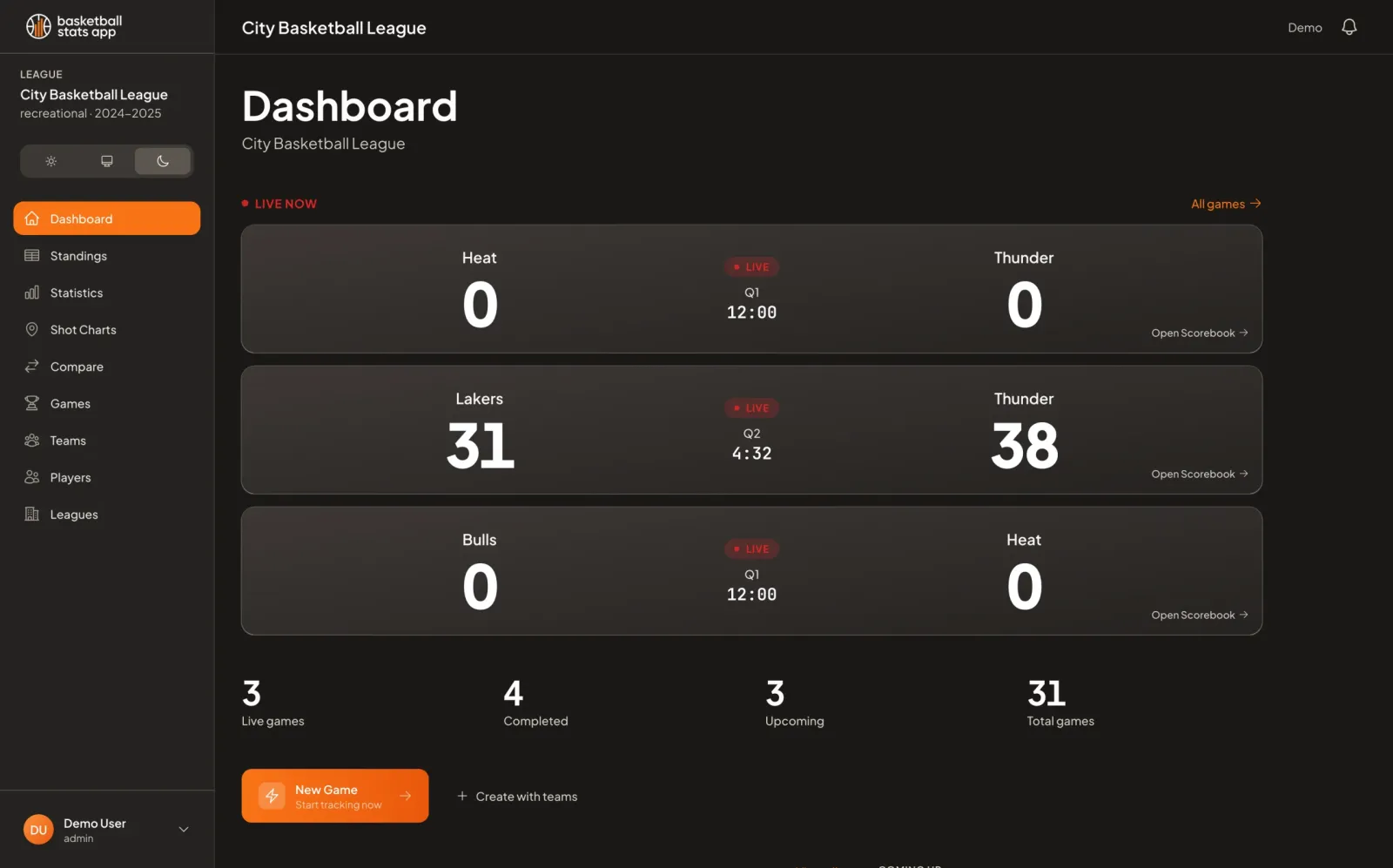 Team management and standings view
