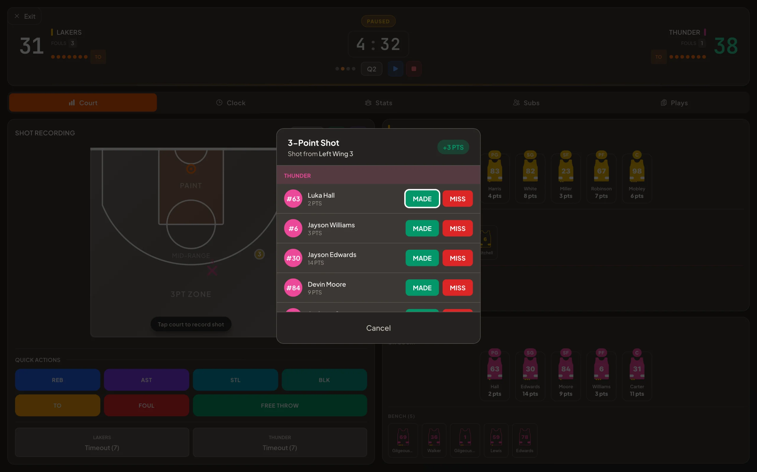 Scorekeeper interface — live game view